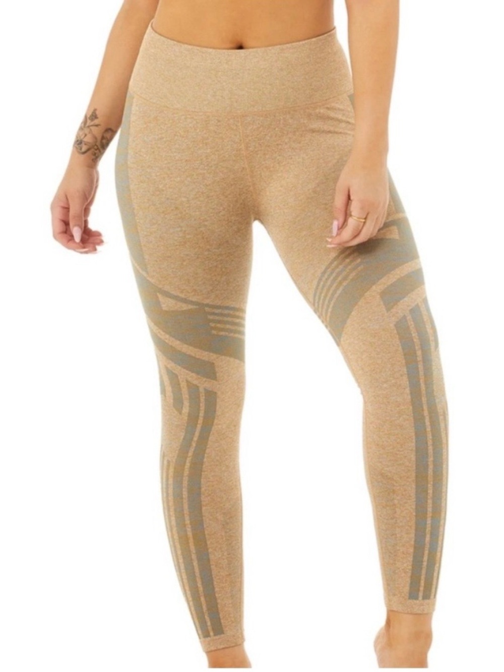 ALO Yoga Tan Seamless High-Waist Leggings with Green Pattern